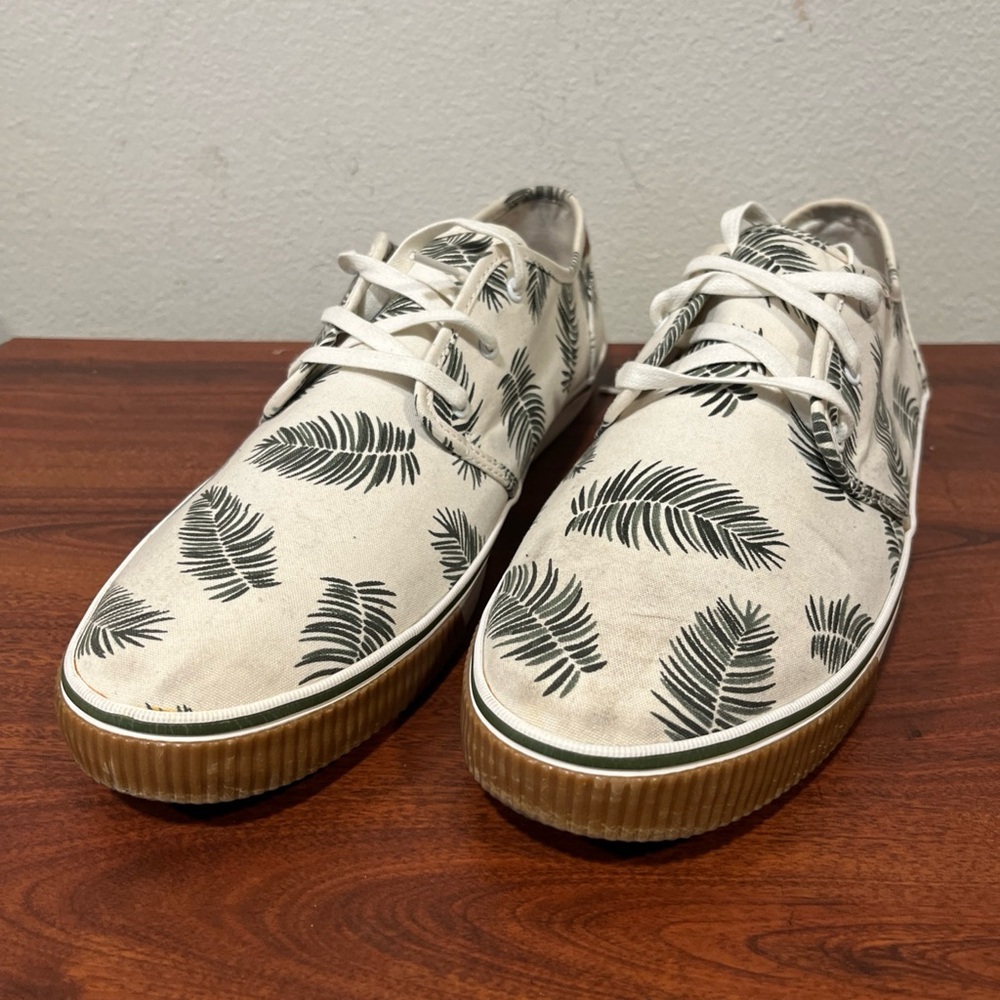 Toms Off-White Canvas Sneakers with Leaf Print and Lace-Up Design